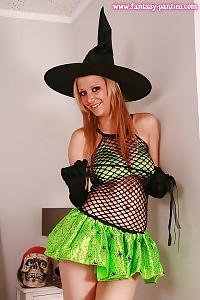 Lydia Demonstrates Her Irresistible Witch Costume And Green Satin Panty