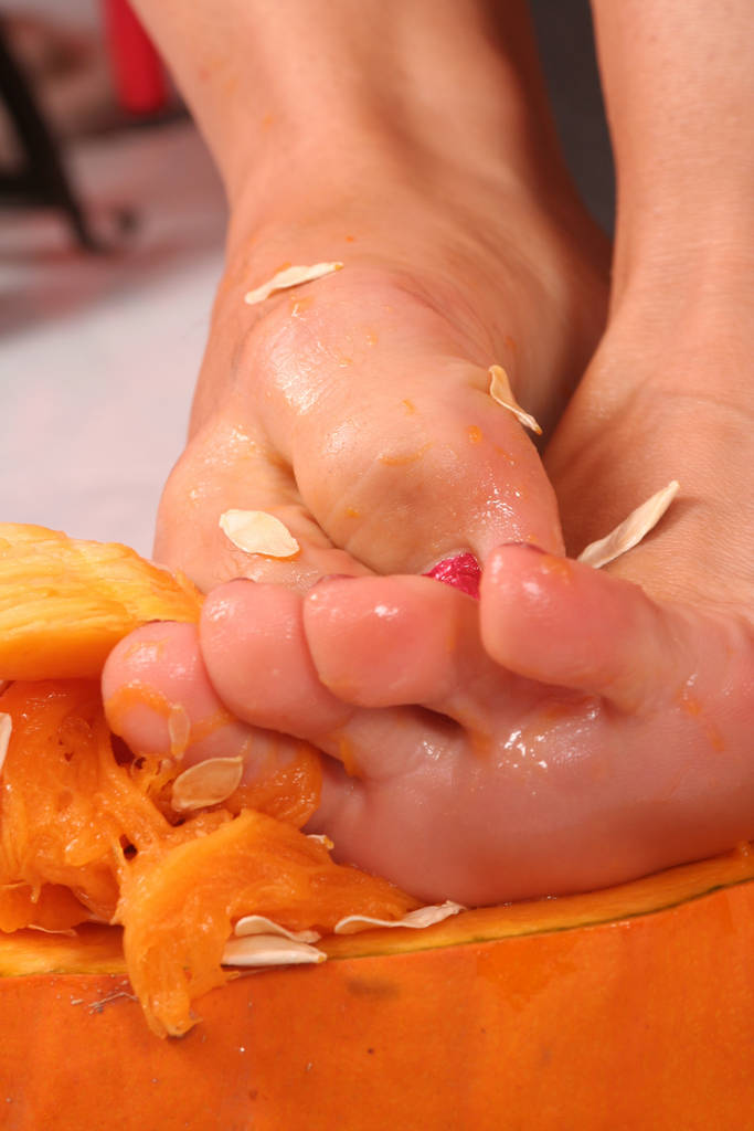 Bloody Foot Porn - eve angel bends for a bloody hot scene and dips her charming smooth feet on  a gooey pumpkin and then licks her fingers - Panty-Porn.com