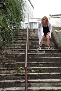 Delightful Doll In Sneakers Pisses On Steps