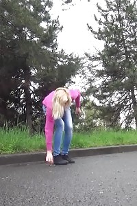 Blonde Squats To Pee Next To A Parked Car